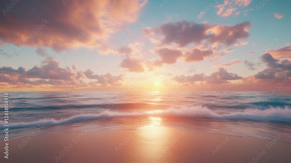 Ocean Horizon at Dusk with Pink Clouds and Golden Sunlight Reflection on the Sand and Water Surface Ocean Horizon at Dusk with Pink Clouds and Golden Sunlight Reflection on the Sand and Water Surface