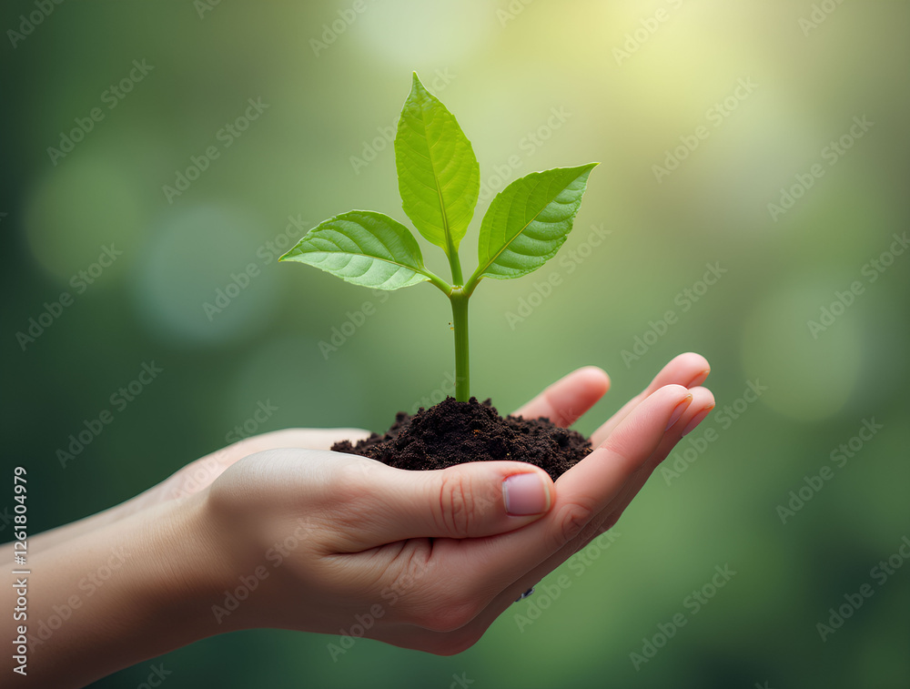 Hand holding sprouting plant for forest conservation concept. Hand holding sprouting plant for forest conservation concept.