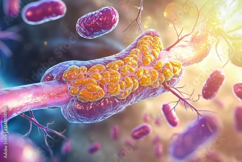 Pathology of pancreatic disease illustrated in a 3D medical study, focusing on glandular inflammation and metabolic effects. photo