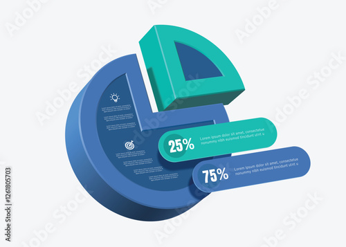 Pie chart blue-green color of 100% divided into 2 pieces, 25% and the other 75% for investment infographic design. Profit sharing of an organization or company, vector 3d isolated on white background