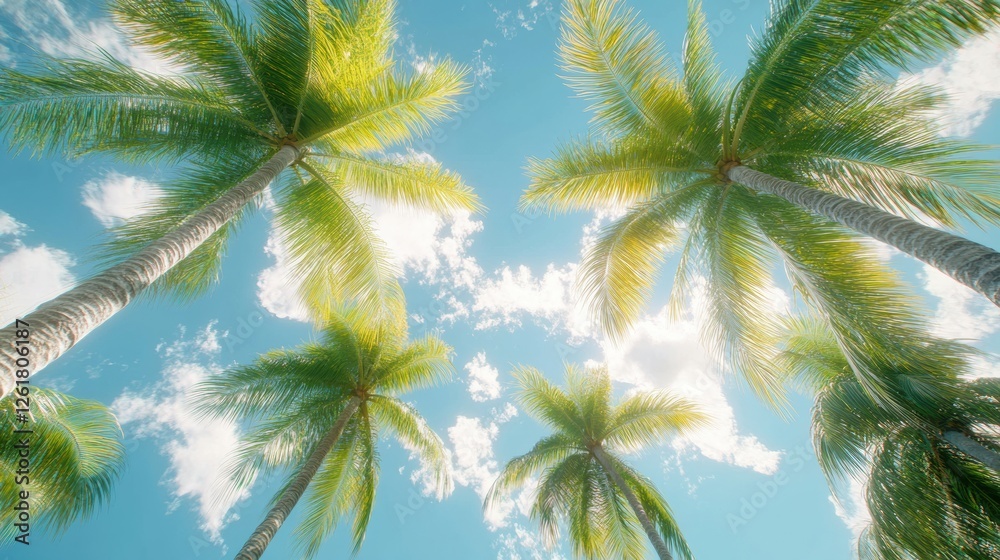 Palms Reaching for the Heavens Under a Turquoise Sky on a Tropical Beach Vacation Backdrop Palms Reaching for the Heavens Under a Turquoise Sky on a Tropical Beach Vacation Backdrop