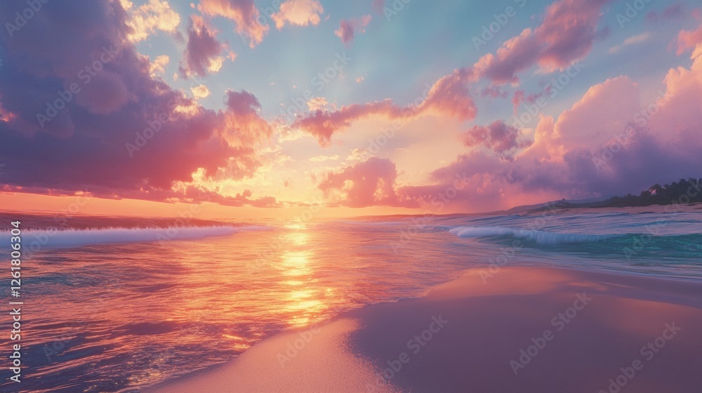 Fototapeta premium Peaceful Ocean Sunset Reflecting on the Water Surface Under a Vibrant Sky with Soft Clouds