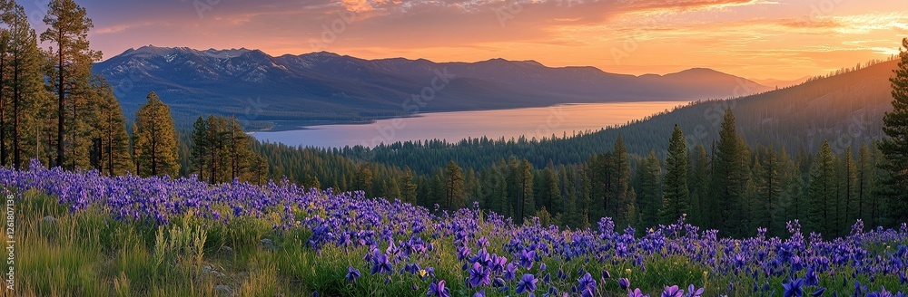 Obraz premium Beautiful summer landscape with a field of purple flowers, aquilegia, at sunset in a lake