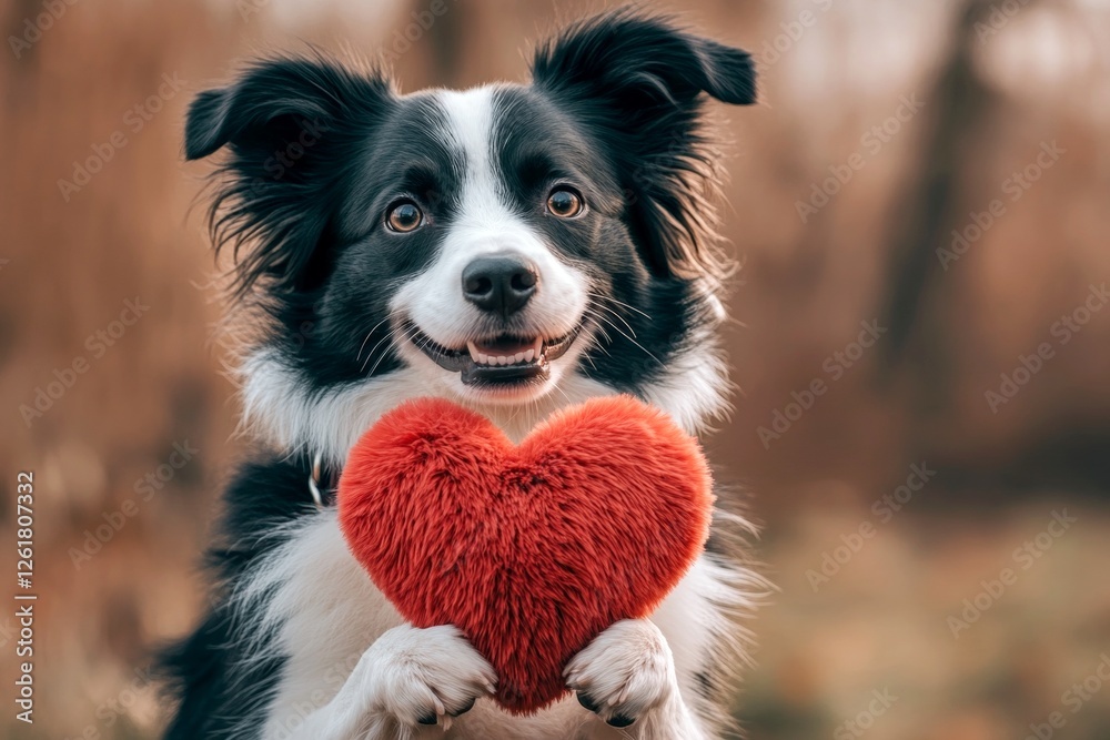 Border collie - my preferred dog, symbol of friendship. Ad campaign furry friend animal layout. Cute border collie hound with fluffy red heart on a walk in a spring park. Sweet puppy cuddles. Border collie - my preferred dog, symbol of friendship. Ad campaign furry friend animal layout. Cute border collie hound with fluffy red heart on a walk in a spring park. Sweet puppy cuddles.