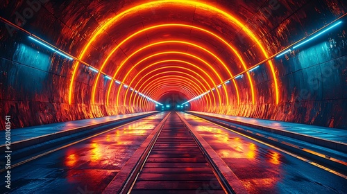 Futuristic orange tunnel, escalator, glowing lights, cyberpunk background, sci-fi backdrop