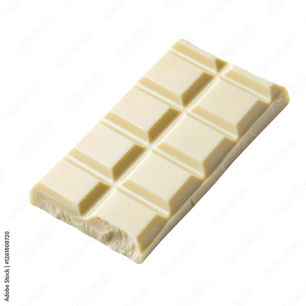 A rectangular piece of white chocolate with distinct sections and a bite taken from one corner. A rectangular piece of white chocolate with distinct sections and a bite taken from one corner.