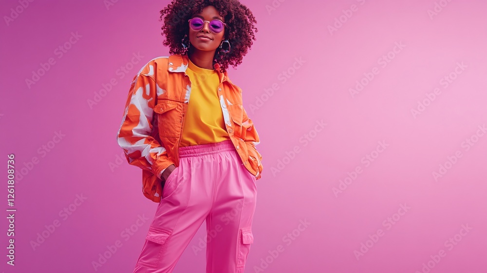 Fototapeta premium Stylish Woman Poses In Vibrant Orange And Pink Outfit