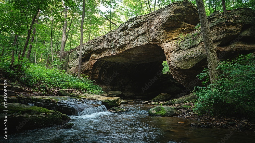 Fototapeta premium Forest Stream Flows Beneath Natural Rock Archway