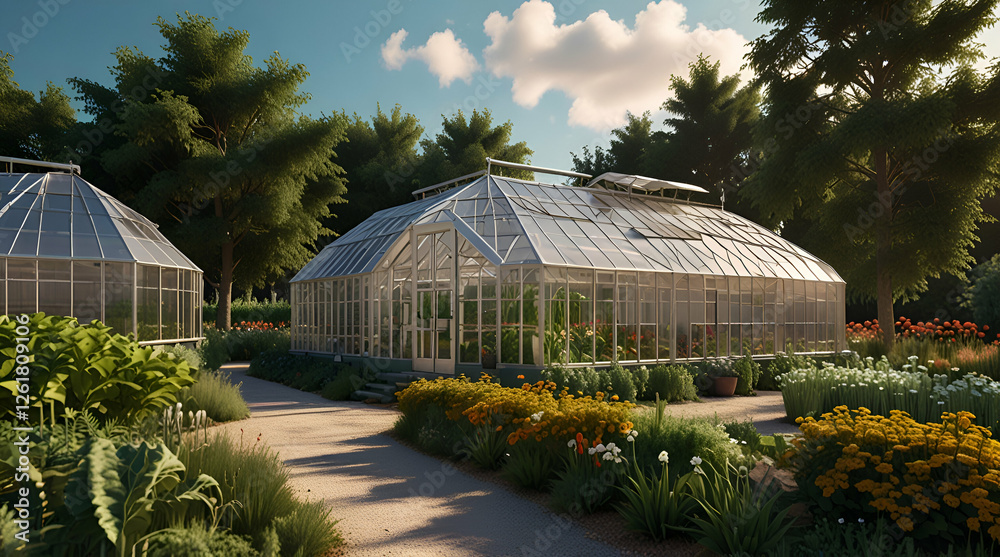 Basic 3D illustration of a sunny botanical garden with greenhouses,generative.ai
Basic 3D illustration of a sunny botanical garden with greenhouses,generative.ai