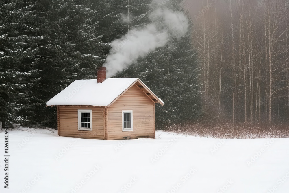 Rustic wooden cabin nestled among towering pine trees, with smoke curling from the chimney and blending into the crisp winter air. Rustic wooden cabin nestled among towering pine trees, with smoke curling from the chimney and blending into the crisp winter air.