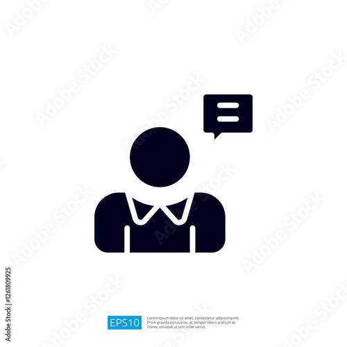 a simple silhouette of a person with a speech bubble, symbolizing communication or conversation. Illustration icon