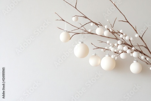 Minimalist Christmas decor with simple white ornaments hanging from a bare branch, Scandinavian style