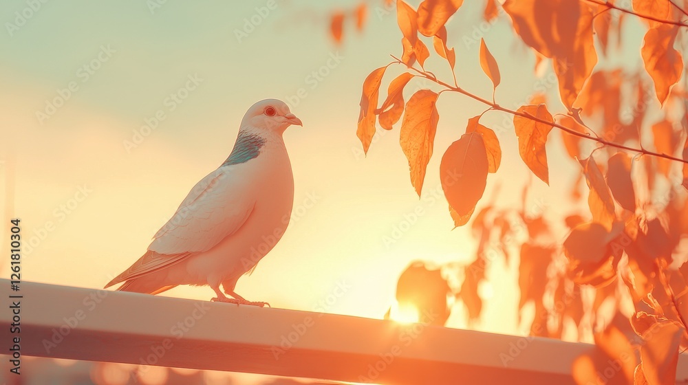 Fototapeta premium Sunset serenity white pigeon at dusk on a railing nature tranquil atmosphere soft light