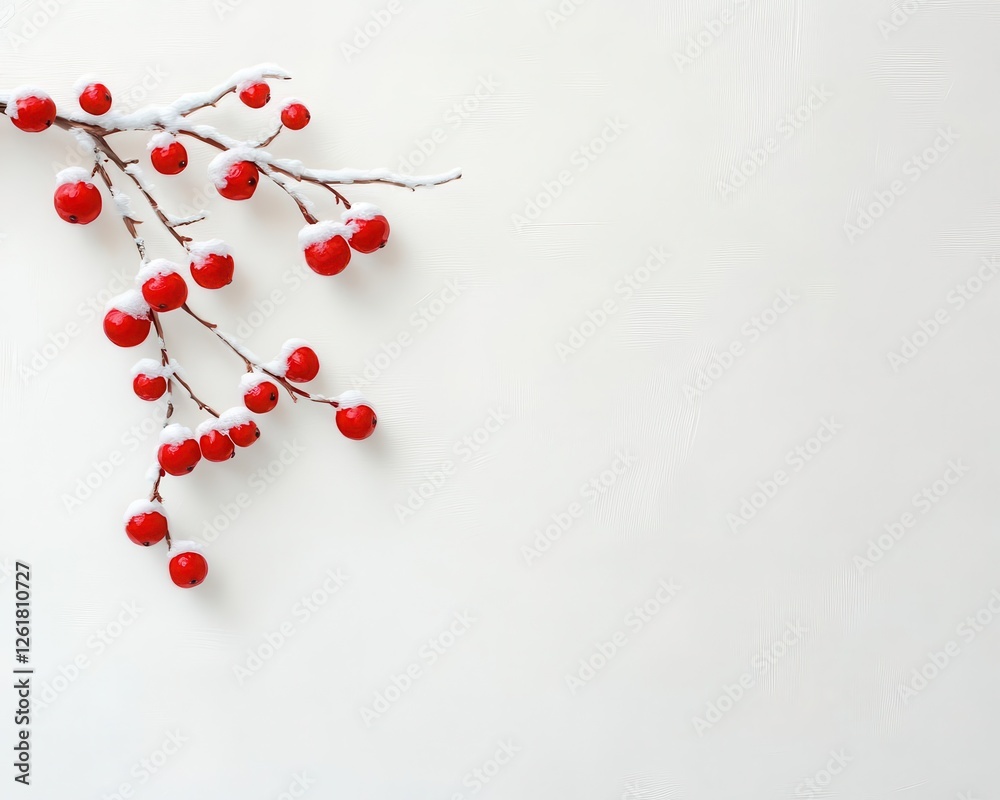 Frost-covered red berries hanging from a snow-laden branch, vibrant contrast against the winter white Frost-covered red berries hanging from a snow-laden branch, vibrant contrast against the winter white