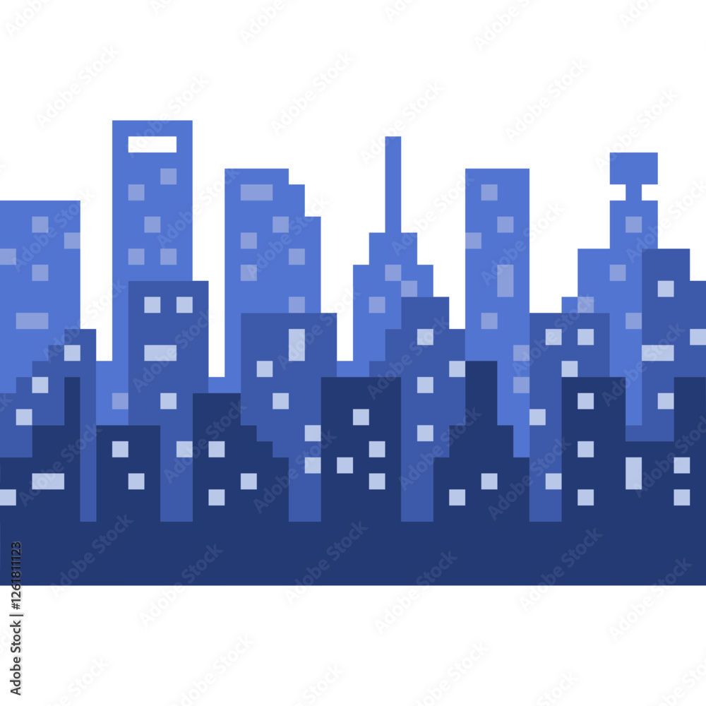 Cityscape pixel art style. 8-bit building and architecture. City at night Cityscape pixel art style. 8-bit building and architecture. City at night