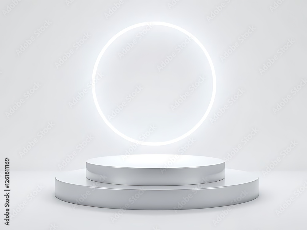 Bright White Circular Product Display Podium with Central Glow and Minimalist Studio Background Bright White Circular Product Display Podium with Central Glow and Minimalist Studio Background