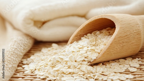 A delicate wooden scoop pouring colloidal oatmeal into a milk bath.