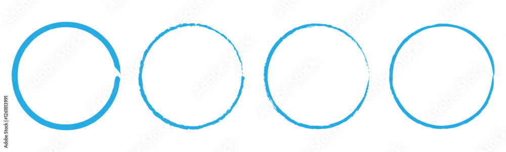 Brush Blue stroke circle frame, hand drawn rough scribble texture effect blue circle, grunge crayon stamp. vector brush strokes circles of paint on white background. Ink hand drawn paint brush circle.