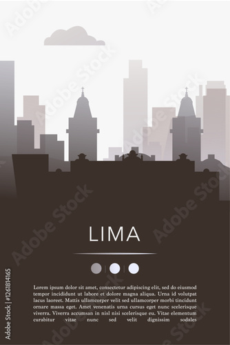 Lima city template for website, presentation, front page, invitation, publication sheet with skyline, landmarks. Vector Peru image layout, simple and grayscale