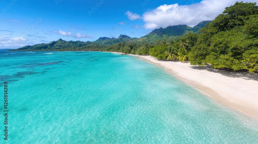 Obraz premium A breathtaking aerial view of a tropical island, crystal-clear turquoise waters meeting white sandy beaches.