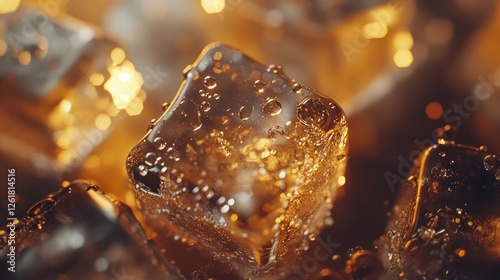 Close-up ice cubes with water droplets, warm golden background. Possible use Beverage advertisement