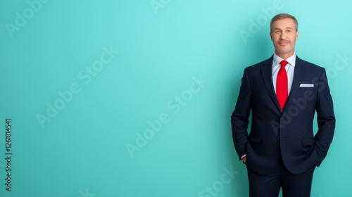Studio portrait of a man in suit and tie against turquoise backdrop