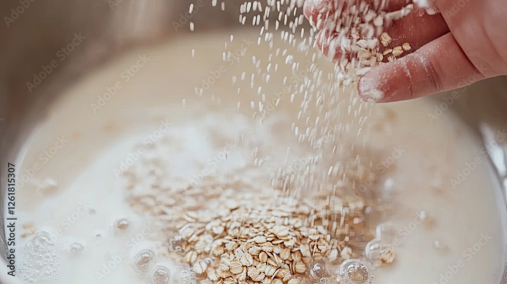Fototapeta premium A hand sprinkling finely ground colloidal oats into a soothing milk bath.