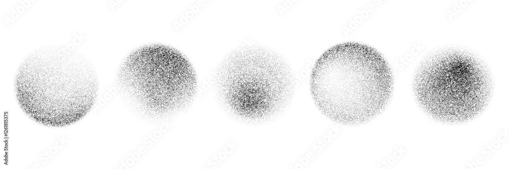 Black round stippled gradient collection. Grunge circle dotted shadow set. Radial noise texture brush pack. Halftone grainy sand diffuse shape bundle. Round spray patterns. Vector dot work forms