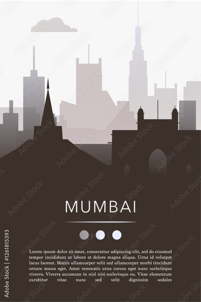 Naklejka premium Mumbai city template for website, presentation, front page, invitation, publication sheet with skyline, landmarks. Vector India image layout, simple and grayscale