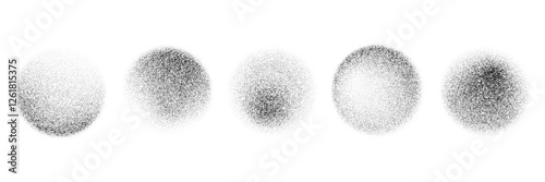 Black round stippled gradient collection. Grunge circle dotted shadow set. Radial noise texture brush pack. Halftone grainy sand diffuse shape bundle. Round spray patterns. Vector dot work forms