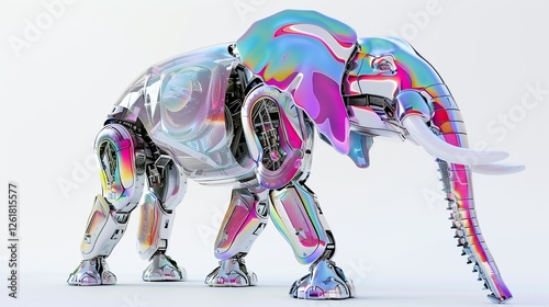 Chrome Elephant Robot: A futuristic, iridescent chrome elephant robot stands majestically, its polished surface reflecting a spectrum of vibrant colors.  The intricate mechanical details are visible.