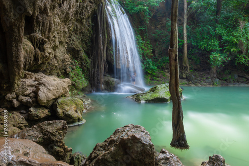 TheErawanWaterfall is widely(7 steps) considered to be here is the biggest and most beautiful waterfall, We can swim like we are in a blue pond located in Kanchanaburi,Thailand 