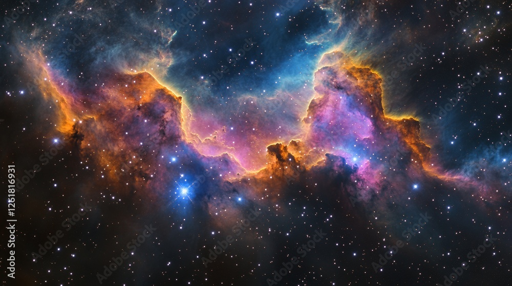 Obraz premium A breathtaking nebula with vivid purple, pink, and blue hues, glowing against the dark cosmos. Swirling interstellar clouds create a mesmerizing celestial scene filled with mystery and wonder.