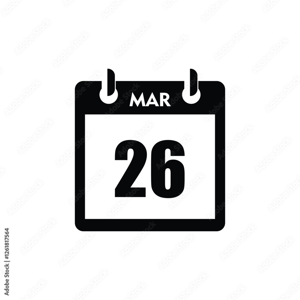 calender icon, 26 march icon with white background calender icon, 26 march icon with white background