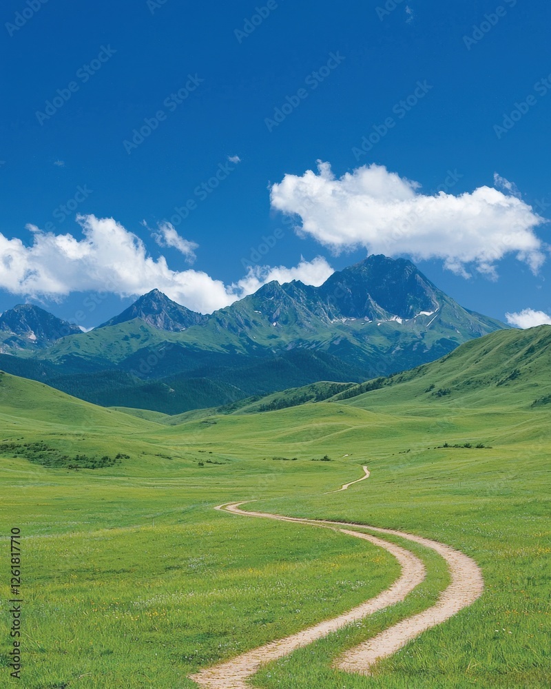 Fototapeta premium Winding path through lush green valley mountain range landscape serene environment scenic view nature's beauty