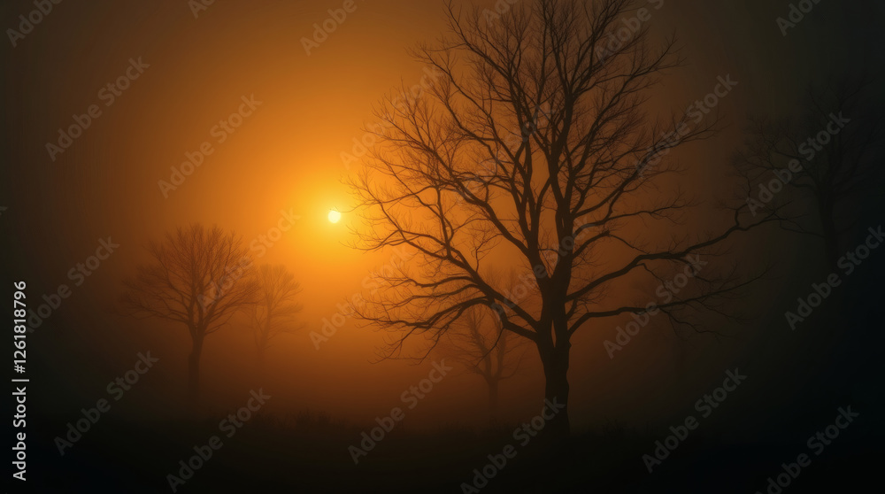 Mysterious twilight envelops a foggy landscape with silhouettes of trees against a glowing sun Mysterious twilight envelops a foggy landscape with silhouettes of trees against a glowing sun