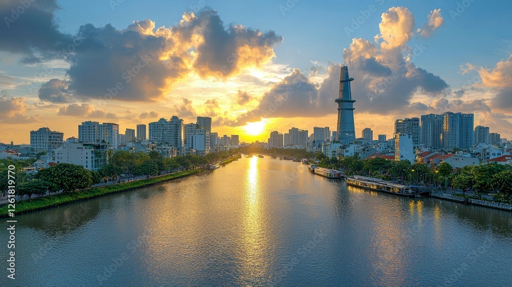 Naklejka premium Captivating Sunset over the Saigon River, Vietnam. Stunning cityscape, modern architecture, and vibrant city life at golden hour.