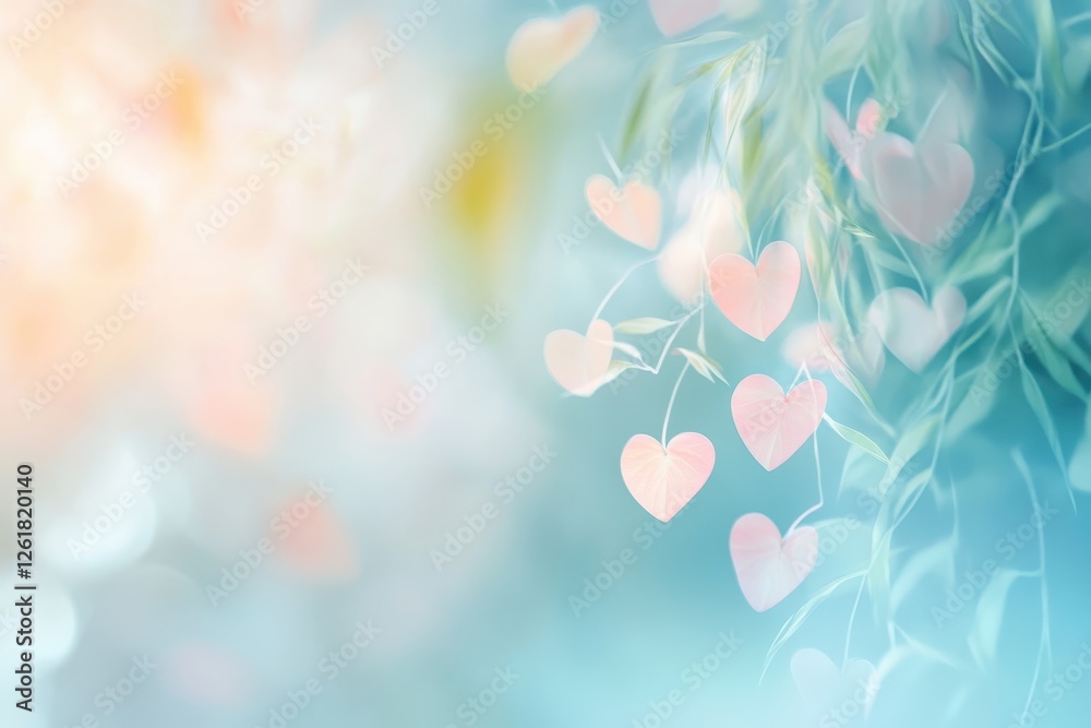 Fototapeta premium Heart Shaped Leaves on a Branch Soft Pastel Colors Dreamy Nature Background
