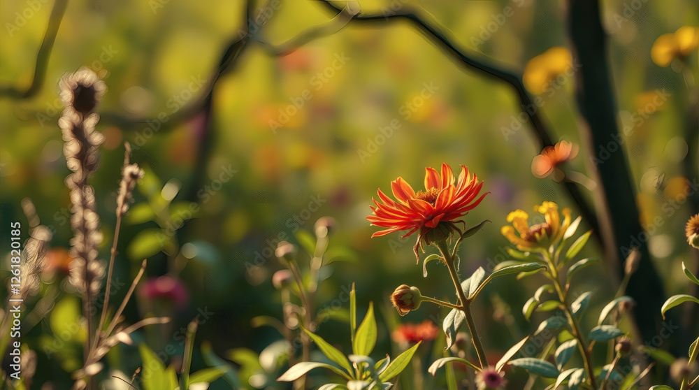 Colorful flowers bloom in a serene garden during golden hour lighting Colorful flowers bloom in a serene garden during golden hour lighting
