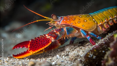 Rainbow Lobster Close Up: A vibrant, multicolored lobster, showcasing striking hues of red, blue, orange, and yellow, is captured in exquisite detail. photo