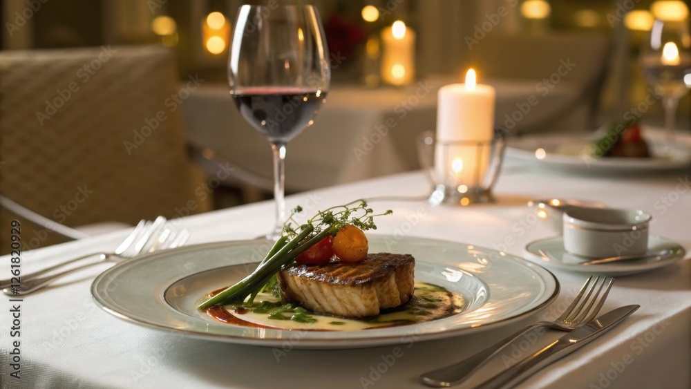 A beautifully presented gourmet dish on a candlelit table, featuring a glass of red wine and elegant cutlery, perfect for a romantic dinner. A beautifully presented gourmet dish on a candlelit table, featuring a glass of red wine and elegant cutlery, perfect for a romantic dinner.