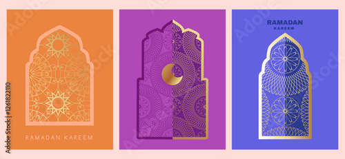 Happy Ramadan Kareem Islamic set cards template with Ramadan art in Geometric style  Vector collection