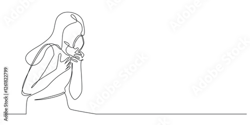 continuous line of woman inhaling steam.one line drawing of woman having asthma and inhaling steam.single line vector illustration of health concept.isolated white background