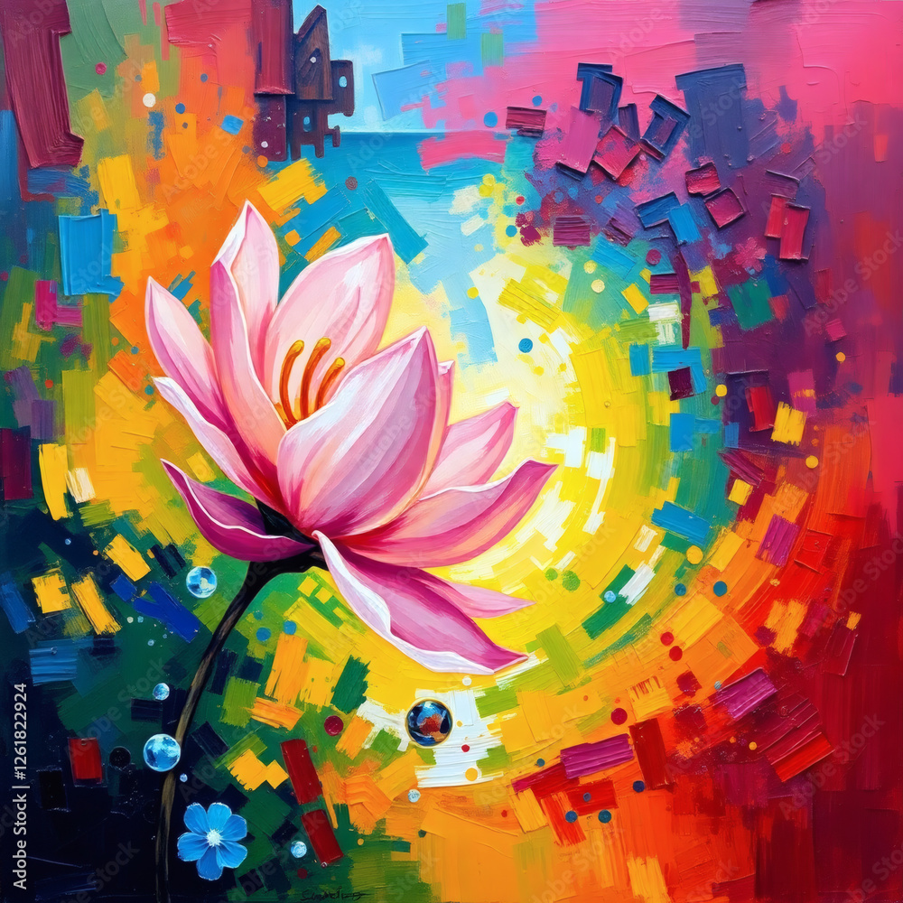 Obraz premium Vibrant lotus flower blossoming in an abstract colorful background blending shades of pink, yellow, and blue