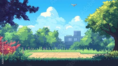 Retro 8-bit pixel art depicting vibrant environmental activism, featuring eco-friendly themes on a diploma-style background. photo