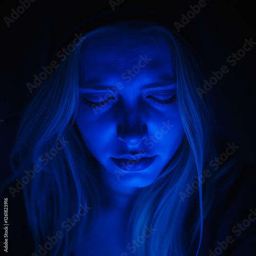 Woman with glowing blue light introspecting in a dark setting during nighttime photo