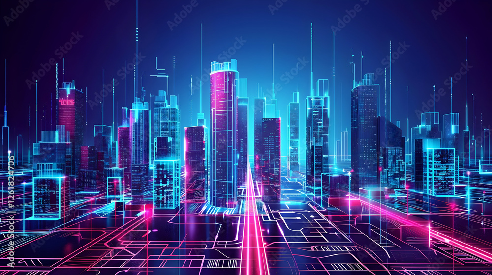 Fototapeta premium Futuristic city skyline with neon lights and digital elements at night