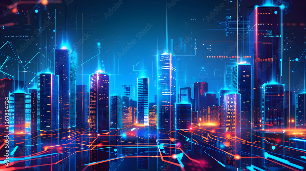 Obraz premium Futuristic city skyline at night with glowing skyscrapers and digital overlays