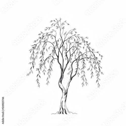 Elegant black and white illustration of a willow tree showcasing delicate hanging branches in a minimalist style
