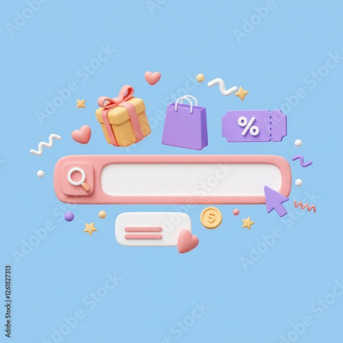 Online Shopping Concept Search Bar with Gift, Bag and Coupon Illustration